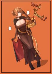 1girl absurdres basket belt belt_collar black_cape black_footwear black_thighhighs bottle bow breasts brown_dress candy cape cape_hold cleavage collar commentary dress english_commentary food ghost girls&#039;_frontline green_eyes hair_between_eyes halloween halloween_costume highres holding holding_candy holding_food knees_together_feet_apart large_breasts mabelbot multiple_belts official_alternate_costume orange_background orange_hair shoes simple_background springfield_(classic_witch)_(girls&#039;_frontline) springfield_(girls&#039;_frontline) standing thighhighs tongue tongue_out trick_or_treat