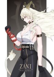 Rule 34 | 1girl, absurdres, arm strap, black choker, black gloves, black horns, black pants, black tail, blonde hair, breasts, button gap, character name, choker, clenched hand, collarbone, commentary, curled horns, english commentary, fire, flame-tipped tail, from side, gloves, hand up, high-waist pants, highres, horns, large breasts, long hair, necktie, necktie around wrists, pants, parted lips, razes, red eyes, red necktie, shirt, shirt tucked in, solo, tail, tight clothes, tight pants, torn clothes, torn shirt, white shirt, wuthering waves, zani (wuthering waves)