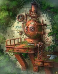 architecture artist_logo building bush commentary creature day door english_commentary english_text foliage grass highres industrial_pipe ladder logo moss no_humans original outdoors overgrown plant puddle round_window ruins scenery tree vines waltjan water window
