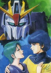 1980s_(style) 1985 1boy 1girl blue_hair concept_art couple dated four_murasame good_end green_hair gundam highres hug kamille_bidan kitazume_hiroyuki mecha mobile_suit oldschool production_art promotional_art retro_artstyle robot scan science_fiction short_hair signature traditional_media upper_body v-fin zeta_gundam zeta_gundam_(mobile_suit)