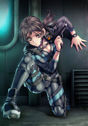 1girl bodysuit breasts brown_hair cleavage diving_suit gun handgun highres holding holding_gun holding_weapon jill_valentine kneeling long_hair low_ponytail parted_lips ponytail resident_evil resident_evil:_revelations tamiya_akito weapon wetsuit