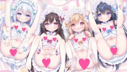 4girls :d bare_arms bare_shoulders black_hair blonde_hair blue_bow blue_eyes blue_hair blush bow bow_panties braid breasts bride brown_hair censored choker clenched_hands closed_mouth clothes_lift clothes_pull collar commentary_request crotchless crotchless_panties detached_collar dot_nose dress dress_bow dress_lift dress_pull flat_chest flower frilled_panties frills from_above hair_between_eyes hair_flower hair_ornament hands_up headdress heart heart_censor highres jewelry knees_to_chest legs_up loli long_hair looking_at_viewer lying multicolored_eyes multiple_girls no_pupils on_back on_bed open_mouth orange_bow orange_eyes original panties parted_lips pink_eyes pink_flower pink_rose purple_eyes raised_eyebrows red_bow ring rose short_dress sidelocks smile straight_hair thighhighs two-tone_eyes underwear upskirt usashiro_mani very_long_hair wedding_dress white_collar white_dress white_hair white_panties white_thighhighs white_wrist_cuffs wrist_cuffs yellow_flower yellow_rose