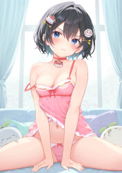 1girl babydoll black_hair blush bow bow_panties breasts choker cleavage closed_mouth curtains hair_ornament head_tilt highres indoors looking_at_viewer medium_breasts navel original panties pillow pink_babydoll pink_panties rebun red_bow red_choker short_hair sitting spaghetti_strap spread_legs strap_slip stuffed_toy underwear window x_hair_ornament