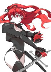 Rule 34 | 1girl, black jacket, black leotard, black thighhighs, breasts, cleavage, commentary request, cowboy shot, cropped jacket, gloves, hair ribbon, himeko (nico6v6pachi), holding, holding sword, holding weapon, jacket, leotard, long hair, medium breasts, persona, persona 5, ponytail, red gloves, ribbon, sheath, sleeves past wrists, solo, sword, thighhighs, weapon, yoshizawa kasumi