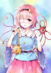1girl absurdres ball_and_chain_(weapon) black_hairband blue_shirt buttons collar eyepatch floral_print frilled_collar frilled_sleeves frills hairband heart heart_button heart_of_string highres holding holding_weapon komeiji_satori looking_at_viewer medical_eyepatch one_eye_covered open_mouth pink_eyes pink_hair pink_skirt print_skirt ribbon-trimmed_collar ribbon_trim rose_print satori_(kxdm8872) shirt short_hair skirt solo spiked_ball_and_chain third_eye three-quarter_sleeves touhou weapon wide_sleeves