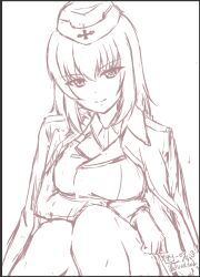 Rule 34 | breasts, cross, diesel-turbo, dress shirt, garrison cap, girls und panzer, hat, itsumi erika, jacket, kuromorimine military uniform, medium breasts, medium hair, military, military hat, military uniform, open clothes, open jacket, shirt, sitting, sketch, smile