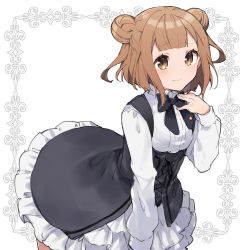 Rule 34 | 1girl, beatrice (princess principal), black bow, black dress, blush, bow, brown eyes, brown hair, closed mouth, double bun, dress, frilled dress, frills, hair bun, hand up, highres, ikeuchi tanuma, long sleeves, looking at viewer, princess principal, shirt, sleeveless, sleeveless dress, solo, wavy mouth, white background, white shirt