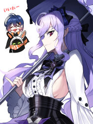 2girls :d =_= bangboo_(zenless_zone_zero) belle_(zenless_zone_zero) blue_hair blush_stickers bow bowtie breasts brooch center_frills chokobako eous_(zenless_zone_zero) frills highres holding holding_umbrella jewelry long_hair long_sleeves looking_at_viewer medium_breasts multiple_girls open_mouth pinky_out pointy_ears purple_hair red_eyes shirt short_hair sideboob simple_background smile translation_request umbrella upper_body very_long_hair vivian_banshee white_background white_shirt zenless_zone_zero