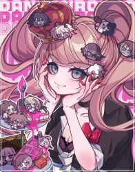 Rule 34 | 1girl, :d, akamatsu kaede, bear hair ornament, black choker, black shirt, blonde hair, bow, breasts, choker, cleavage, collarbone, crown, danganronpa: trigger happy havoc, danganronpa (series), enoshima junko, grey eyes, hair ornament, hands up, highres, hinata hajime, komaeda nagito, large breasts, long hair, looking at viewer, monokuma, monomi (danganronpa), naegi makoto, nail polish, nanami chiaki, nota sayaka, oma kokichi, open mouth, red bow, red nails, saihara shuichi, shirt, smile, solo, togami byakuya, twintails
