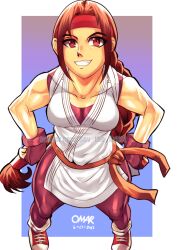 1girl braid braided_ponytail breasts brown_eyes brown_hair dougi female_focus gloves hairband karate_gi large_breasts leather leggings long_hair looking_at_viewer pale_skin pants ponytail shiny_clothes shiny_skin shirt shoes single_braid sleeveless smile smiley_face sneakers snk socks sov_the_artist standing the_king_of_fighters thick_thighs thighs toned toned_female wide_hips yoga_pants yuri_sakazaki