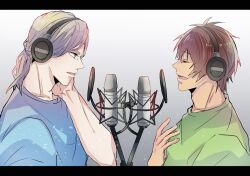 Rule 34 | 2boys, aijima cecil, black border, blue eyes, blue shirt, border, brown hair, camus (uta no prince-sama), collarbone, dark-skinned male, dark skin, from side, green shirt, grey background, grey hair, hair between eyes, hand on headphones, hand on own chest, hand up, headphones, highres, letterboxed, looking at another, low ponytail, male focus, medium hair, microphone, multiple boys, music, parted lips, ponytail, pop filter, profile, shirt, short hair, short sleeves, singing, smile, studio microphone, t-shirt, upper body, uta no prince-sama, vibrahat