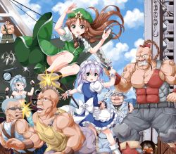 3girls 5boys apron bikini blue_bikini blue_dress blue_eyes blue_sky braid brown_hair capcom chinese_clothes cloud crossed_arms day dress final_fight final_fight_2 flying_kick glasses green_hair grey_eyes hat hong_meiling izayoi_sakuya kicking maid maid_apron maid_headdress mike_haggar mohawk multiple_boys multiple_girls muscular one_eye_closed open_mouth pants puffy_sleeves ruu_(tksymkw) shirt silver_hair sky star_(symbol) sunglasses swimsuit teeth touhou waist_apron wrist_cuffs