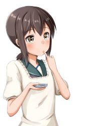 10s 1girl ame. apron blouse blush bowl brown_eyes brown_hair female_focus finger_to_mouth fubuki_(kancolle) holding kantai_collection kappougi plate sailor_collar shirt short_sleeves sidelocks simple_background solo tasting tasting_plate upper_body white_background white_shirt