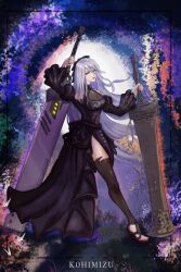 1girl a2_(nier:automata) absurdres alternate_costume artist_name black_dress black_thighhighs blue_eyes breasts closed_mouth commentary_request covered_navel dress full_body greatsword grey_hair hair_between_eyes high_heels highres inset_border k0himizu large_breasts long_hair nier:automata nier_(series) red_lips solo sword thighhighs twitter_username very_long_hair weapon