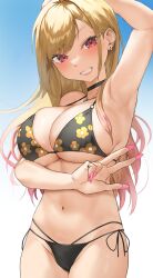 1girl absurdres arm_up armpits bikini black_bikini black_choker blonde_hair blue_background breasts choker cleavage commentary cowboy_shot ear_piercing earrings floral_print_bikini gradient_background gradient_hair grin highres jewelry kitagawa_marin large_breasts looking_at_viewer moobong multi-strapped_bikini_bottom multicolored_hair navel necklace o-ring o-ring_bikini piercing pink_eyes pink_hair pink_nails side-tie_bikini_bottom smile solo sono_bisque_doll_wa_koi_wo_suru stomach swimsuit symbol-only_commentary