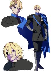 1boy absurdres armor black_pants black_tunic blonde_hair blue_cape blue_eyes cape closed_mouth commentary_request cropped_shoulders dimitri_alexandre_blaiddyd dimitri_alexandre_blaiddyd_(timeskip) fire_emblem fire_emblem:_three_houses frown full_body garreg_mach_monastery_uniform greaves hair_between_eyes hand_on_own_hip highres kikupsyche long_sleeves looking_at_viewer looking_to_the_side male_focus multiple_views nintendo pants parted_hair pauldrons school_uniform short_hair shoulder_armor side_cape sideways_glance simple_background single_pauldron standing tunic white_background