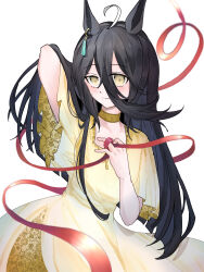 Rule 34 | 1girl, ahoge, animal ears, arm up, black hair, closed mouth, dress, ear ornament, earrings, frilled dress, frills, hair between eyes, hand up, highres, horse ears, horse girl, jewelry, lace, lace-trimmed dress, lace trim, long bangs, long dress, long hair, long hair between eyes, looking at viewer, manhattan cafe (umamusume), multicolored hair, red ribbon, ribbon, shiruko (oshiruko), short sleeves, simple background, single earring, solo, umamusume, very long hair, white background, white hair, yellow dress, yellow eyes