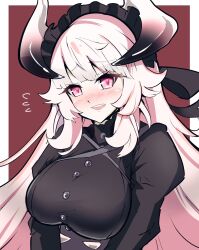 1girl blunt_bangs blush breasts chamber_dragonmaid dragon_girl dragon_horns highres horns large_breasts long_hair long_sleeves looking_at_viewer maid maid_headdress open_mouth pink_eyes puffy_long_sleeves puffy_sleeves smile solo synchroman upper_body white_hair yu-gi-oh!