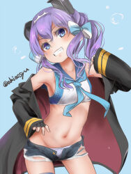1girl akino_shuu artist_name black_gloves black_jacket blue_background blue_eyes blue_shorts breasts commentary_request cropped_shirt denim denim_shorts fingerless_gloves gloves jacket kantai_collection langley_(kancolle) long_sleeves micro_shorts navel panties parted_lips purple_hair sailor_collar shirt shorts side_ponytail signature simple_background sleeveless sleeveless_shirt small_breasts smile solo swimsuit underwear white_panties white_shirt