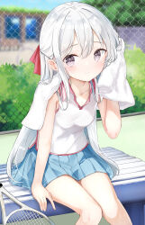 1girl absurdres blue_skirt breasts chain-link_fence closed_mouth commentary_request fence hamaken._(novelize) highres long_hair looking_at_viewer miniskirt original outdoors paid_reward_available pleated_skirt purple_eyes racket shirt sitting skirt sleeveless sleeveless_shirt small_breasts smile solo sportswear tennis_racket tennis_uniform towel white_hair white_shirt