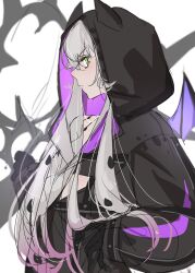 1girl black_hands black_jacket body_markings breasts colored_extremities demon_girl demon_horns demon_wings fate/grand_order fate_(series) green_eyes grey_hair hair_between_eyes highres hood horns jacket lilith_(fate) lilith_(first_ascension)_(fate) long_hair long_sleeves looking_at_viewer low_twintails medium_breasts ri_o_ne_su scissors solo twintails wings
