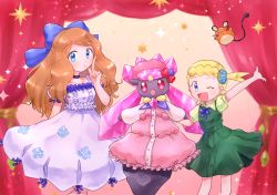 &gt;_&lt; 2girls :3 arm_up blonde_hair blue_bow blue_eyes blue_flower blue_ribbon blush blush_stickers bonnie_(pokemon) bow breasts brown_hair child choker closed_eyes clothed_pokemon collarbone crystal curtains dedenne diancie dress female_focus flat_chest floral_print flower gen_6_pokemon green_dress green_shirt hair_bow hair_flower hair_ornament hair_ribbon hand_up happy highres legendary_pokemon long_hair looking_at_viewer multiple_girls mythical_pokemon neck_ribbon nintendo one_eye_closed open_mouth pink_dress pink_eyes pokemon pokemon_(anime) pokemon_(creature) pokemon_the_movie:_diancie_and_the_cocoon_of_destruction pokemon_xy_(anime) puffy_short_sleeves puffy_sleeves red_bow ribbon serena_(pokemon) shirt short_hair short_sleeves side_ponytail sleeveless sleeveless_dress small_breasts smile sparkle standing white_dress wink yuki56