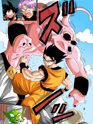 5boys absurdres black_eyes black_hair blue_eyes cloud cloudy_sky colored_skin dragon_ball green_skin highres majin_buu multiple_boys muscular muscular_male nervous_sweating piccolo pink_skin pointy_ears punching purple_hair red_eyes serious sky son_gohan son_goten sound_effects surprised sweat trunks_(dragon_ball) ultimate_gohan