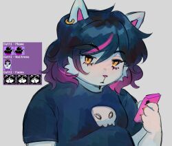 1girl animal_ear_piercing animal_ears animal_hands black_hair black_shirt body_fur breasts cat_ears catti_(deltarune) cellphone commentary curly_hair deltarune english_commentary furry furry_female goomyloid hair_between_eyes holding holding_phone medium_hair multicolored_hair phone pink_streaks reference_inset shirt skull_print small_breasts smartphone streaked_hair triangle_mouth triangle_nose upper_body white_background white_fur yellow_eyes