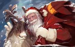1boy beard christmas facial_hair gloves hat looking_at_viewer luerstine male_focus mustache outdoors over_shoulders overwatch overwatch_1 reindeer reinhardt_(overwatch) sack santa_costume santa_hat scar scar_across_eye scar_on_face snowing upper_body white_gloves white_hair
