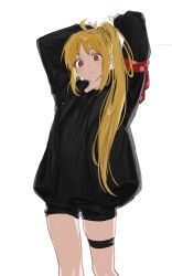 1girl absurdres ahoge arms_up baggy_clothes bandana bandana_around_arm black_jacket black_shirt black_shorts blonde_hair bocchi_the_rock! brown_eyes closed_mouth collarbone dot_nose eyebrows_hidden_by_hair feet_out_of_frame frown hair_intakes hair_over_shoulder head_tilt high_ponytail highres ijichi_nijika jacket lapels light_blush long_eyelashes long_hair long_sidelocks long_sleeves looking_at_viewer looking_down messy_hair notched_lapels open_clothes open_jacket parted_bangs pink_bandana pink_polka_dots polka_dot polka_dot_bandana ponytail ponytail_with_braided_base puffy_long_sleeves puffy_sleeves raised_eyebrows red_bandana red_eyes shirt shorts sidelocks simple_background sleeves_past_wrists solo standing striped_blush thick_eyelashes thigh_strap thighs tori_(toridaisukichu) two-tone_bandana very_long_hair white_background