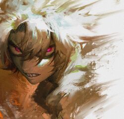 1boy black_hair blending coat gachiakuta gradient_background grey_hair highres looking_at_viewer male_focus multicolored_hair parted_lips red_eyes rudo_surebrec shaded_face short_hair solo spiked_hair suracii teeth two-tone_hair white_coat white_hair