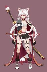 1girl animal animal_ears black_skirt black_socks boots budget_sarashi cat chest_sarashi claws closed_mouth coat coat_on_shoulders collarbone commentary_request crossed_bangs flat_chest fox_ears fox_girl fox_tail full_body hair_between_eyes hand_on_own_hip highres holding holding_animal holding_cat indie_virtual_youtuber knee_boots kneehighs kozakura_momiji looking_at_viewer masaki_nanaya midriff multicolored_hair navel pleated_skirt red_eyes red_hair sarashi sheath sheathed sidelocks simple_background skindentation skirt smile socks solo_focus standing stomach_tattoo streaked_hair sword sword_on_back tail tattoo thigh_strap virtual_youtuber weapon weapon_on_back white_boots white_coat white_hair
