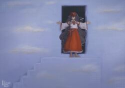 Rule 34 | bare shoulders, detached sleeves, dolls in pseudo paradise, door, flat cap, hat, hat ornament, highres, label girl (dipp), long hair, long sleeves, mandarin collar, newsboy cap, niko rausu, red eyes, red hat, red skirt, skirt, stairs, star (symbol), star hat ornament, touhou, vest, white vest, wide sleeves