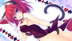 1girl animal_ears ass blush bow bowtie breasts card cat_ears cat_tail cleavage clubs coattails crown cuff_links cuffs diamond_(shape) embarrassed female_focus frills heart highres kittysuit leotard looking_at_viewer looking_back looking_down magicalic_sky_high mikagami_mamizu nontraditional_playboy_bunny open_mouth playing_card purple_eyes red_hair short_hair solo spade tail tailcoat thighs wrist_cuffs