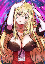 Rule 34 | 1girl, abstract background, absurdres, blonde hair, breasts, center opening, cleavage, collarbone, commentary, cruzango0510, dress, elbow gloves, feather-trimmed dress, feather-trimmed gloves, gloves, hair between eyes, hair over breasts, hand on own head, head tilt, highres, kiss-shot acerola-orion heart-under-blade, kizumonogatari, large breasts, light blush, long hair, looking at viewer, monogatari (series), oshino shinobu, parted lips, pointy ears, red dress, sidelocks, sleeveless, sleeveless dress, solo, strapless, strapless dress, vampire, white gloves, yellow eyes