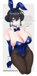1girl animal_ears arm_behind_back black_choker black_hair blue_bow blue_bowtie blue_eyes blue_gloves blue_leotard blush bow bowtie breasts brown_pantyhose cameltoe check_copyright choker cleavage closed_mouth collar copyright_request cropped_legs dated double_bun eyebrows_hidden_by_hair fake_animal_ears gloves hair_between_eyes hair_bun highres huge_breasts karin_reiro00 leotard lips looking_at_viewer original pantyhose playboy_bunny rabbit_ears short_hair signature smile solo white_collar white_wrist_cuffs wrist_cuffs