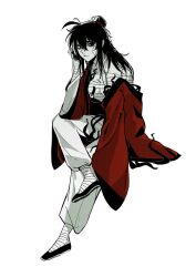 Rule 34 | 1girl, absurdres, ahoge, bags under eyes, bandaged arm, bandaged chest, bandaged foot, bandaged hand, bandaged leg, bandages, black eyes, black hair, black shoes, breasts, chest sarashi, chinese clothes, chinese commentary, cleavage, closed mouth, coat, coat partially removed, creature, crossed legs, dao gui yi xian, eyeball, full body, genderswap, genderswap (mtf), hair between eyes, hair bun, hand up, hanfu, highres, holding, holding own hair, invisible chair, li huowang, li sui (tentacles), limited palette, long hair, long sleeves, looking at viewer, medium breasts, messy hair, off shoulder, open clothes, open coat, pants, red coat, sarashi, sash, scar, scar on face, shoes, sidelocks, simple background, single bare shoulder, single hair bun, sitting, solo, spot color, tentacles, tentacles under clothes, white background, white pants, wide sleeves, wuzi3742