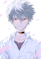 1boy absurdres black_choker breast_pocket choker closed_mouth collarbone collared_shirt falling_petals grey_hair hair_between_eyes highres himo_(himodayoo) light_smile looking_at_viewer male_focus nagisa_kaworu neon_genesis_evangelion non-web_source petals pocket red_eyes shirt short_hair simple_background smile solo undershirt upper_body white_background white_shirt