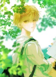 Rule 34 | 1boy, absurdres, bag, black bag, blonde hair, blurry, book, chinese commentary, day, depth of field, driedpersimmonisverydelicious, hair between eyes, highres, holding, holding book, hood, hood down, hoodie, huang shaotian, leaf, looking at viewer, looking back, male focus, outdoors, parted lips, quan zhi gao shou, short hair, shoulder bag, sleeves rolled up, solo, upper body, white hoodie, yellow eyes