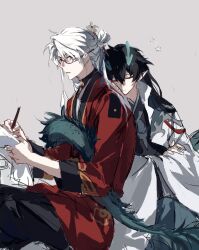 Rule 34 | 2boys, aqua horns, black hair, black pants, blade (honkai: star rail), brown-framed eyewear, closed eyes, closed mouth, collared jacket, crossed arms, dan feng (honkai: star rail), dan heng (honkai: star rail), dan heng (imbibitor lunae) (honkai: star rail), eyeliner, from side, glasses, green tail, grey background, grey eyes, hair ornament, hair rings, hair stick, head on another&#039;s back, high collar, highres, holding, holding paper, honkai: star rail, honkai (series), horns, jacket, japanese clothes, kimono, lapels, long hair, looking at another, makeup, male focus, multiple boys, pants, paper, parted lips, pencil behind ear, pointy ears, ponytail, profile, red eyeliner, red jacket, regenerate0330, sidelocks, sitting, sleeping, three-quarter sleeves, tail, tail around waist, tail wrap, white hair, white jacket, writing, yingxing (honkai: star rail)