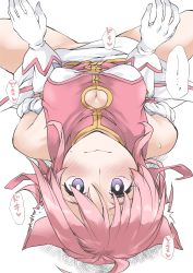 Rule 34 | 1girl, animal ear fluff, animal ears, blush, breasts, cleavage cutout, clothing cutout, dog days, dog ears, elf (stroll in the woods), flying sweatdrops, gloves, heart, highres, light smile, looking at viewer, lying, medium breasts, millhiore f. biscotti, nervous, on back, pink hair, purple eyes, solo, spread legs, white gloves