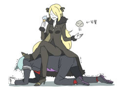 1boy 1girl blonde_hair blue_hair coat cynthia_(pokemon) food fur-trimmed_coat fur_trim hair_over_one_eye high_heels hiyokko_ep holding holding_food holding_ice_cream human_chair human_furniture ice_cream nintendo pokemon pokemon_dppt pokemon_rse rock simple_background sitting sitting_on_person steven_stone trembling white_background