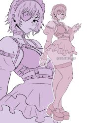 Rule 34 | 1girl, artist name, bare shoulders, breasts, celebelian, chainsaw man, cigarette, cleavage, english text, eyepatch, goth fashion, high heels, highres, himeno (chainsaw man), large breasts, looking to the side, simple background, solo, tagme, thick thighs, thighhighs, thighs, unlit cigarette in mouth, white background