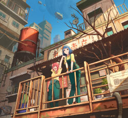 2girls balcony blue_eyes blue_hair blush_stickers bow_hairband building cactus city closed_mouth commentary_request day full_body green_overalls hair_between_eyes hairband hanagamigendai highres messy_hair multiple_girls open_mouth orange_hairband original outdoors overalls plant potted_plant red_hair shirt short_hair short_sleeves standing stretching tree twitter_username yawning yellow_shirt