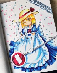 Rule 34 | 1girl, absurdres, apron, back bow, blonde hair, blue dress, bow, closed mouth, collared shirt, dress, dungeon toaster, elbow gloves, frilled apron, frills, gloves, hair between eyes, hat, hat bow, hat ribbon, highres, holding, huge bow, kana anaberal, light smile, looking at viewer, maid apron, medium hair, neck ribbon, photoshop (medium), puffy short sleeves, puffy sleeves, red bow, red ribbon, ribbon, road sign, shirt, short sleeves, sign, solo, touhou, touhou (pc-98), traditional media, white apron, white bow, white gloves, yellow eyes, yellow hat