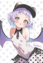1girl :o animal_hat armpit_crease arms_behind_back artist_name bare_shoulders baseball_cap black_hat black_wings blue_eyes blue_hair bracelet braid breasts bright_pupils cat_hat collarbone collared_shirt commentary_request covered_navel demon_wings floral_print flower_bracelet gradient_eyes grey_shirt hat highres jewelry looking_at_viewer multicolored_eyes multicolored_hair open_mouth original pink_eyes po_yo_ta_ma pointy_ears polka_dot polka_dot_background polka_dot_skirt print_shirt purple_hair shirt short_hair single_braid skirt sleeveless sleeveless_shirt small_breasts solo two-tone_eyes two-tone_hair white_pupils white_skirt wings