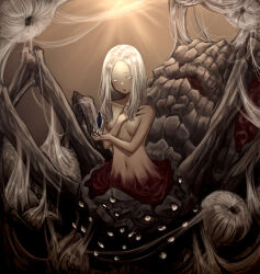 1girl arachne areola_slip arthropod_girl arthropod_limbs bare_shoulders black_nails breasts bright_pupils brown_background cleavage commentary covering_breasts covering_privates dark_souls_(series) dark_souls_i english_commentary extra_eyes fingernails highres humanity_(dark_souls) insect_girl light_blush long_fingernails long_hair mimicrutix monster_girl navel nude pale_skin parted_lips quelaag&#039;s_sister silk small_breasts spider_girl spider_web taur white_eyes white_hair white_pupils