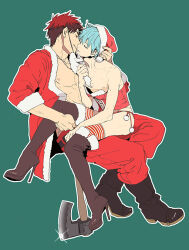 2boys hat jacket kagami_taiga kiss kuroko_tetsuya multiple_boys nipples open_clothes open_jacket santa_costume santa_hat sitting sitting_on_lap sitting_on_person yaoi