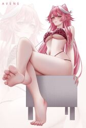 Rule 34 | 1girl, alternate costume, animal ears, avene chan, barefoot, bikini, breasts, center-flap bangs, cleavage, commentary, double-parted bangs, extra ears, feet, full body, hashtag-only commentary, highleg, highleg bikini, highres, hololive, hololive english, large breasts, leopard print bikini, long hair, looking at viewer, multi-strapped bikini bottom, multicolored hair, no tail, panther ears, panther girl, pink hair, raora panthera, sidelocks, sitting, soles, solo, streaked hair, swimsuit, toes, underboob, very long hair, virtual youtuber, white hair, yellow eyes, zoom layer