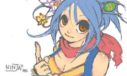 Rule 34 | 1girl, blue hair, blush, breasts, closed mouth, commentary request, hair ornament, hair stick, index finger raised, long hair, looking at viewer, mamaji, medium breasts, ninja, ninja (ragnarok online), oekaki, orange eyes, ragnarok online, red scarf, scarf, simple background, smile, solo, upper body, white background
